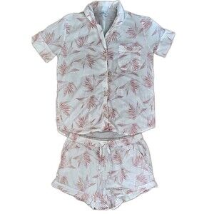 Women's Short-Sleeve Two-Piece Pajama Set - White with Pink Leaf Print